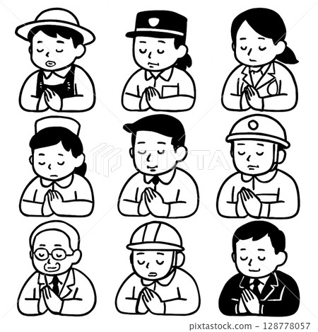 職業人物祈禱！黑白插畫9張套裝 - 禱告的情感表達素材 128778057