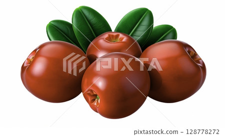 Bright red apples arranged with vibrant green leaves on a white background showcasing freshness and natural beauty 128778272