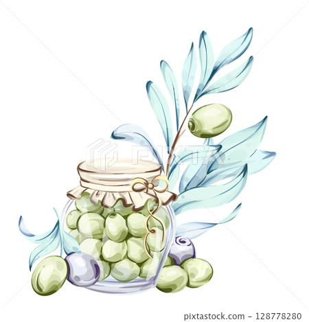 Illustration of olives and olive oil showcasing the beauty of Italian cuisine and nature in watercolor technique 128778280