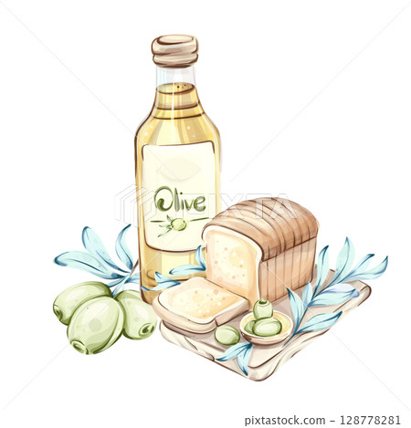 Exploration of olives and olive oil in a watercolor style illustration showcasing the essence of Italian cuisine and nature 128778281