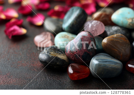 心形天然石頭和花瓣背景AI圖像 128778361