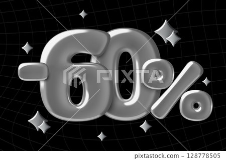Silver 60 percent off 3d balloon numbers with sparkles on black checkered background 128778505