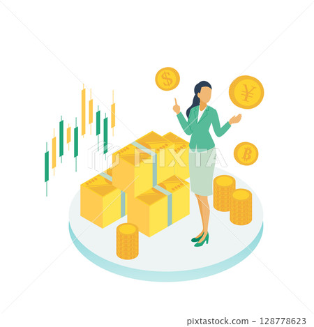 女商人管理資產和貨幣的插圖(投資、金融、貨幣知識) 女商人管理資產和貨幣的插圖(投資、金融、貨幣知識) 128778623