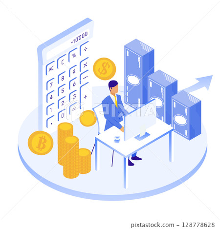 Illustration of a businessman managing assets (for virtual currency, accounting, and seminar materials) Illustration of a businessman managing assets (for virtual currency, accounting, and seminar materials) 128778628