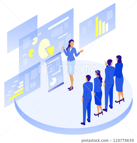 Illustration of a female lecturer giving a business seminar presentation and an audience in suits Illustration of a female lecturer giving a business seminar presentation and an audience in suits 128778639