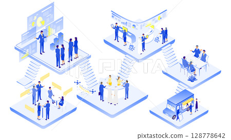 A set of illustrations depicting various business scenes (office, meeting, presentation, customer service) A set of illustrations depicting various business scenes (office, meeting, presentation, customer service) 128778642