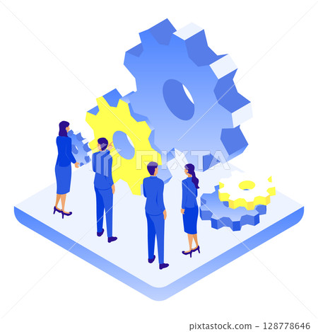 Isometric illustration of a business team adjusting giant gears | Visualizing the collaboration of organizations and mechanisms 128778646