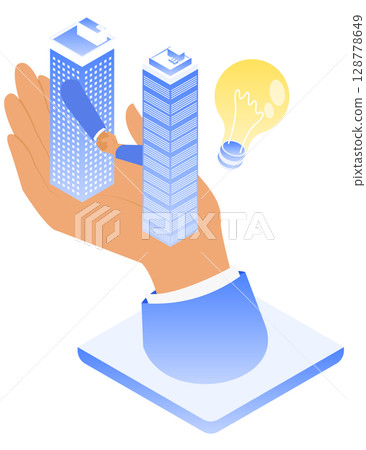 Handshake between companies | Unique isometric illustration of buildings holding hands 128778649