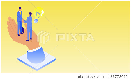 Shaking hands with the palm of your hand in trust! Isometric illustration of the moment an idea is born 128778661