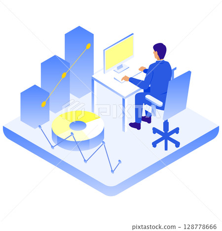 Isometric illustration of a business person analyzing data at a desk 128778666