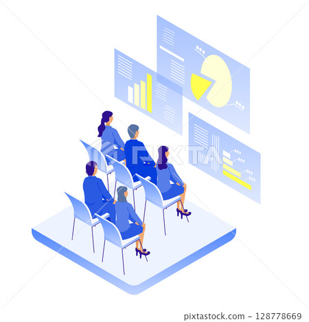 商界人士在研討會上學習的等距插圖 128778669