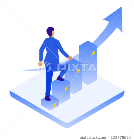 Illustration of a businessman climbing a growth graph (step up, the path to success) 128778693