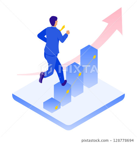 Illustration of a businessman running up a growth graph (action, accelerating success) 128778694