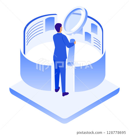 商人用放大鏡分析資訊的插圖（研究、調查、資料分析） 128778695