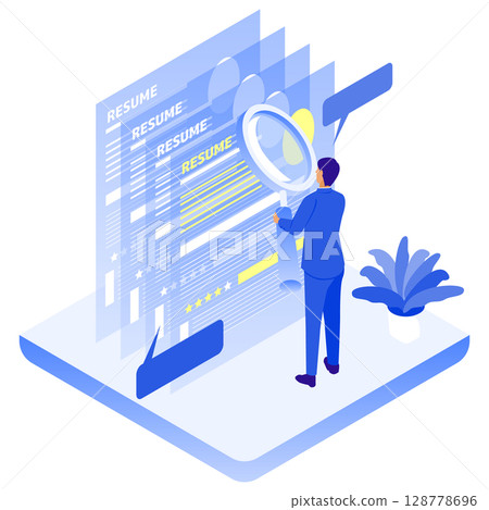 Illustration of a businessman checking a resume (recruitment, personnel selection, personnel evaluation) 128778696