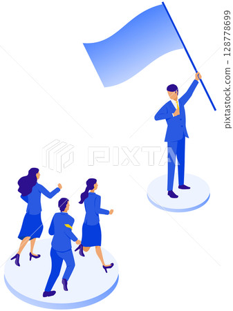 Illustration of a business team following a leader holding a flag (organization, management, leadership) Illustration of a business team following a leader holding a flag (organization, management, leadership) 128778699