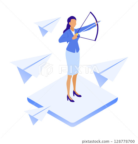一位女商人在紙飛機上接弓的插圖 128778700