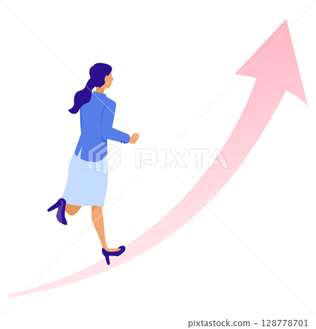 一位女商人沿著向上傾斜的箭頭向上跑的插圖（成長、職業發展、女性賦權） 128778701