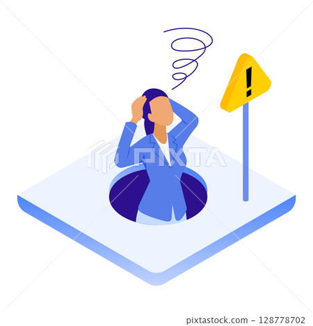 Illustration of a businesswoman who falls into a trap and gets confused (failure, warning) 128778702