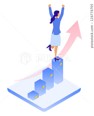 Illustration of a businesswoman posing in a fist pump at the top of a growth graph (success, goal achievement) 128778705