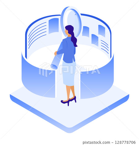 Illustration of a businesswoman investigating information with a magnifying glass (research, analysis, information gathering) 128778706