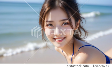 Portrait of a smiling cute girl in a bikini by the beautiful sea 128778747