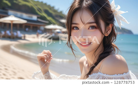 Portrait of a smiling cute girl in a bikini by the beautiful sea 128778753