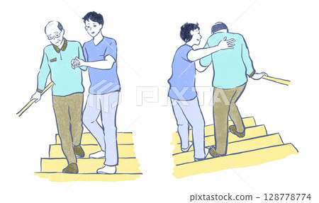 Welfare and nursing care: A young man helping a senior man down the stairs Welfare and nursing care: A young man helping a senior man down the stairs 128778774