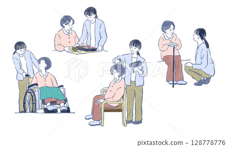 Welfare and nursing care: A young woman providing daily living support to a senior woman Welfare and nursing care: A young woman providing daily living support to a senior woman 128778776