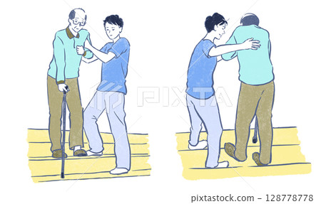 福利與照護:一名年輕男子協助一名拄著拐杖的老人下樓梯 福利與照護:一名年輕男子協助一名拄著拐杖的老人下樓梯 128778778