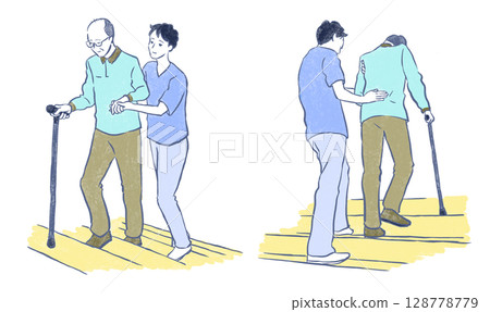 福利與照護：一名年輕男子扶著一名拄著拐杖的老人爬樓梯 128778779