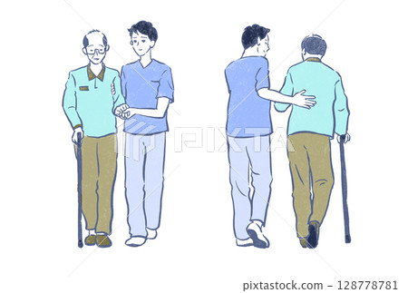Welfare and nursing care: A young man supporting a senior man walking with a cane Welfare and nursing care: A young man supporting a senior man walking with a cane 128778781