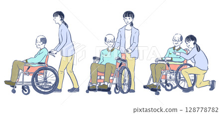 Welfare and nursing care: A young woman pushing a wheelchair carrying a senior man Welfare and nursing care: A young woman pushing a wheelchair carrying a senior man 128778782