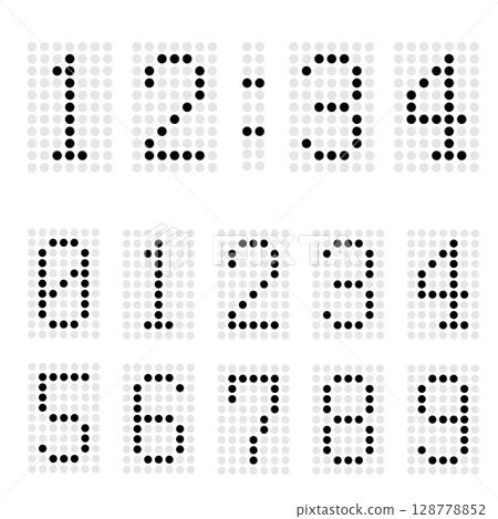 數字。白色背景上的記分板樣式數字。時鐘刻字。 數字。白色背景上的記分板樣式數字。時鐘刻字。 128778852
