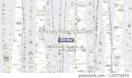 Snowy birch forest background. Quiet winter forest image. (Vector) Snowy birch forest background. Quiet winter forest image. (Vector) 128778859