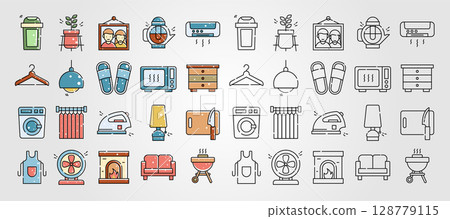 set of Homeware different icons representing various household objects and furniture for your home decor projects. 128779115