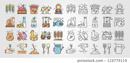 set of Agriculture displays various icons representing farming and products related to agricultural industry effectively. set of Agriculture displays various icons representing farming and products related to agricultural industry effectively. 128779119