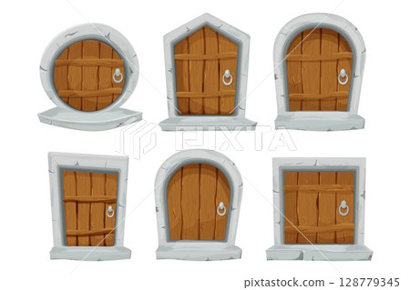 Set wood doors with stone decoration, arch in cartoon style isolated on white background. Fairy, mystery closed entrance, mediaeval element assets for ui games design. Set wood doors with stone decoration, arch in cartoon style isolated on white background. Fairy, mystery closed entrance, mediaeval element assets for ui games design. 128779345