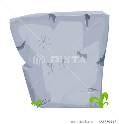 Stone age symbol big rock with ancient tribal caveman drawings in cartoon style isolated on white background. Hunting primitive objects. Decoration history element, textured and cracked. 128779357