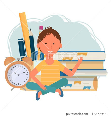 Composition with sitting boy, kid, books, pen, pencil, ruler, alarm isolated on white background stock vector illustration. Positive bright in flat style. E-learning, online education concept. 128779389
