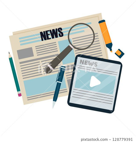 Newspaper with device, tablet, magnifier, marker and pencil, news analysis isolated on white background stock vector illustration 128779391