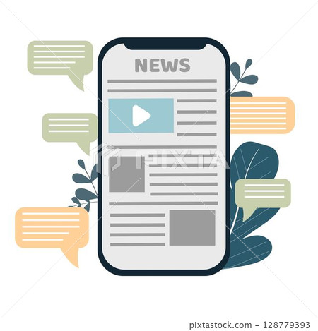 Smartphone with news on screen and speech bubbles around, chatting isolated on white background stock vector illustration 128779393