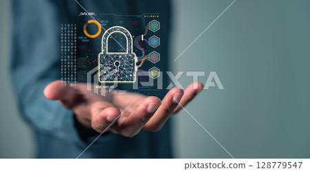 Protect data privacy with cybersecurity as a digital padlock is presented on a hand 128779547