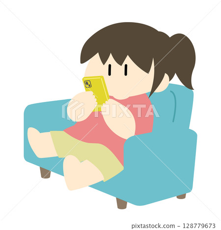 A woman sitting on a sofa and relaxing while looking at her smartphone A woman sitting on a sofa and relaxing while looking at her smartphone 128779673