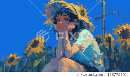 Young woman strolling through a sunflower field 128779801