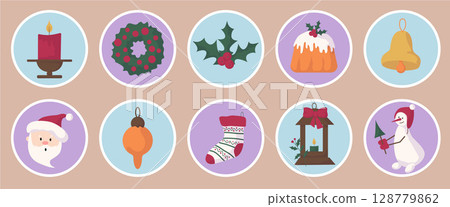 Festive Christmas Stickers: Santa, Snowman and Ornament 128779862