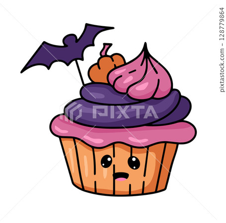 Kawaii Halloween Cupcake 128779864