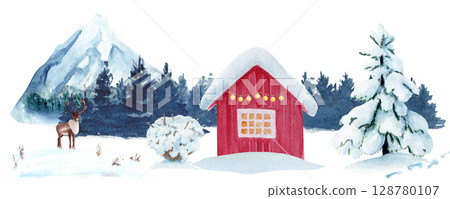 Winter landscape with snowy mountains, pine trees, red cabin, reindeer, Christmas lights. Watercolor illustration ideal for holiday cards, winter decor, seasonal packaging, rustic Scandinavian designs Winter landscape with snowy mountains, pine trees, red cabin, reindeer, Christmas lights. Watercolor illustration ideal for holiday cards, winter decor, seasonal packaging, rustic Scandinavian designs 128780107