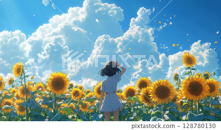 Young woman in a field of sunflowers 128780130
