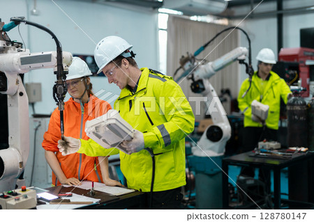 Robotic automatic technician team checking plan system of automation machine. Programming machinery welding robot in production at manufacturing industrial. 128780147